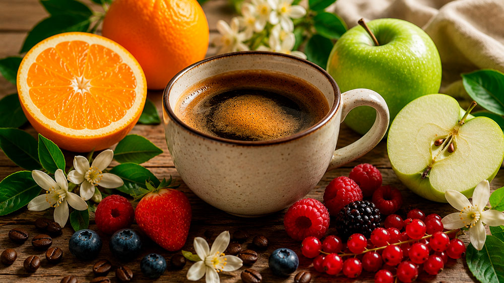 Taza de café de especialidad rodeada de frutas y granos de café que representan la acidez natural del café