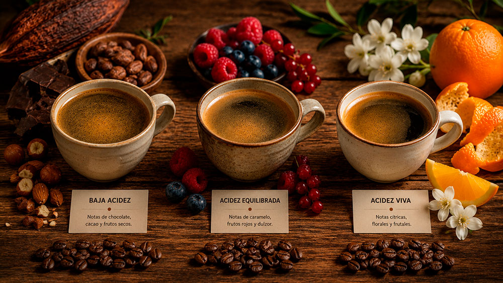 Tres tazas de café representando perfiles de baja, media y alta acidez con ingredientes naturales