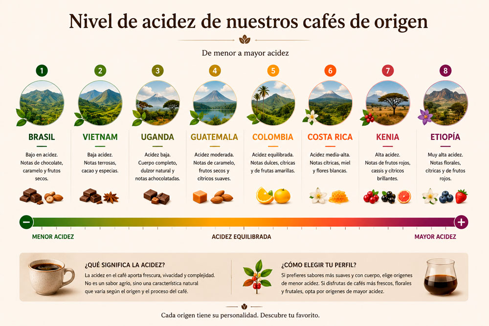 Escala visual del nivel de acidez de los cafés de origen de La Casa del Café