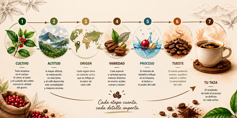 Infografía sobre los factores que influyen en la acidez del café desde el cultivo hasta la taza