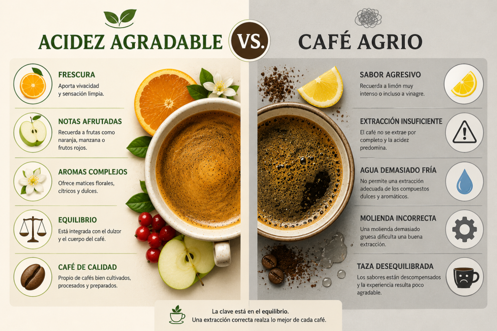 Infografía comparando la acidez agradable del café con un café agrio provocado por una mala extracción
